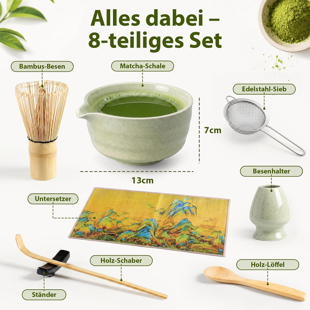 Matcha Set, 8 Stk Matcha Tee Set mit Keramik Matcha Schale mit Ausguss | Tropffreies Ausgiessen, Cre