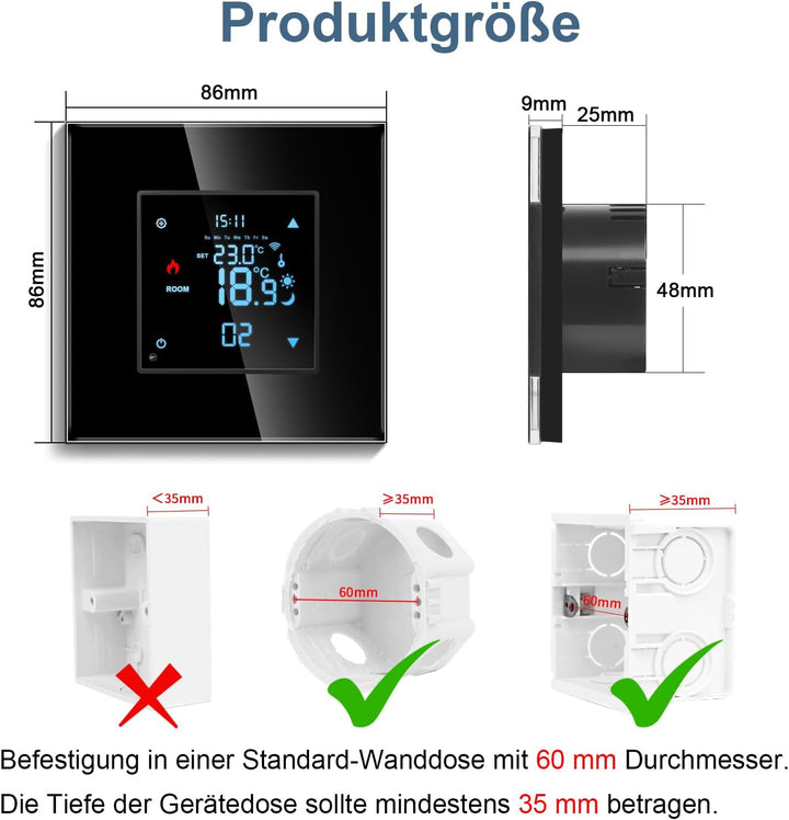 CNBINGO Zigbee Smart Thermostat Unterputz mit Fühler, Digitaler Raumthermostat für Wasser Fussbodenh
