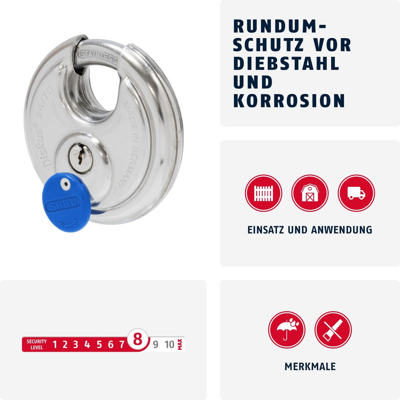 Abus - 24IB/60 60mm Diskus Vorhängeschloss Edelstahl Carded - ABU24IB60C 70mm, 70mm