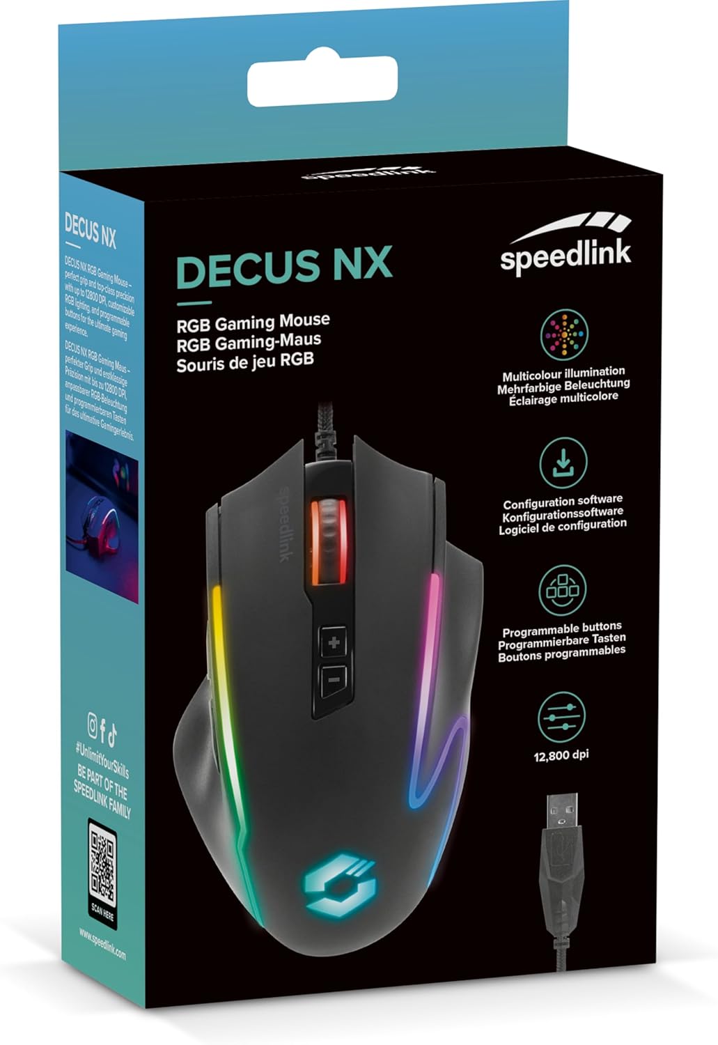 Speedlink DECUS NX - RGB Gaming Maus mit Kabel, bis 12800dpi, Programmierbar, Dauerfeuer Taste, USB