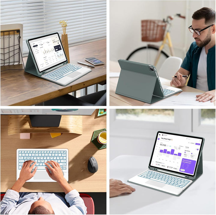 Hülle mit Tastatur für iPad Pro 12.9 (6/5/4/3 Gen), 7 Farben Beleuchtung, Multi Touch Trackpad, Deut
