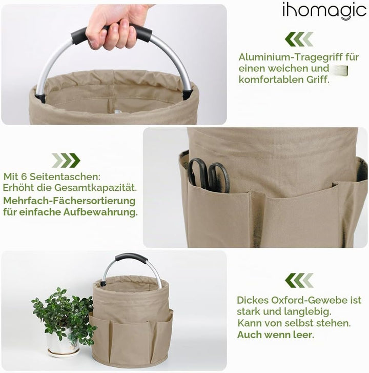 IHOMAGIC Freistehend Werkzeugkorb, Faltbare Aufbewahrungsbox, Gartenwerkzeuge Tasche, 1 Hauptfach mi