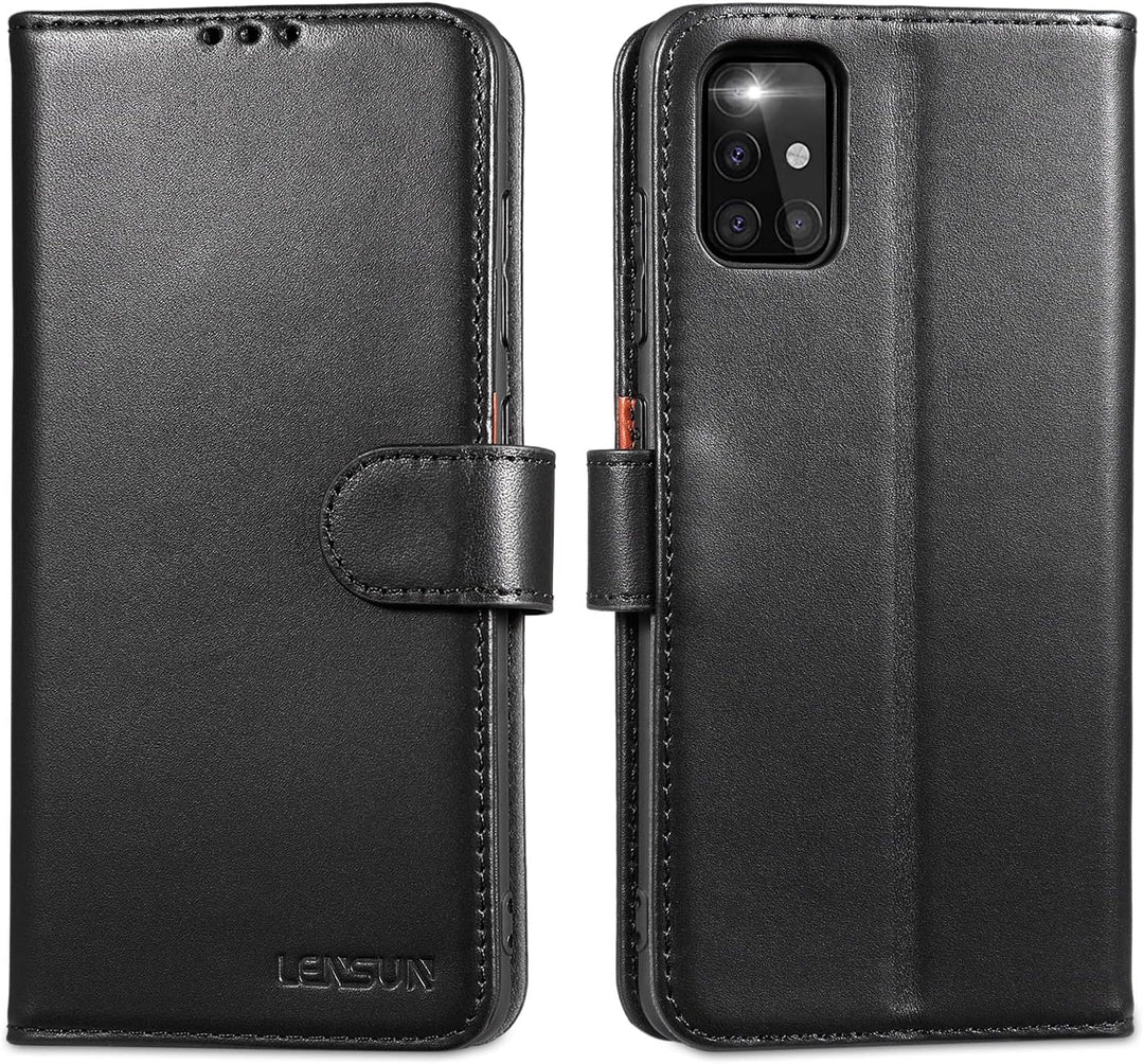LENSUN Echtleder Hülle für Samsung Galaxy A51 4G, Handyhülle [Echtes Leder] [Magnetverschluss] [RFID