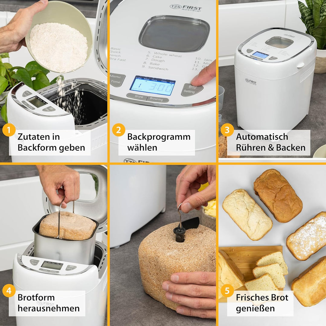 TZS First Austria multifunktionaler Brotbackautomat |13 Programme|individuelle Teigmenge |einstellba