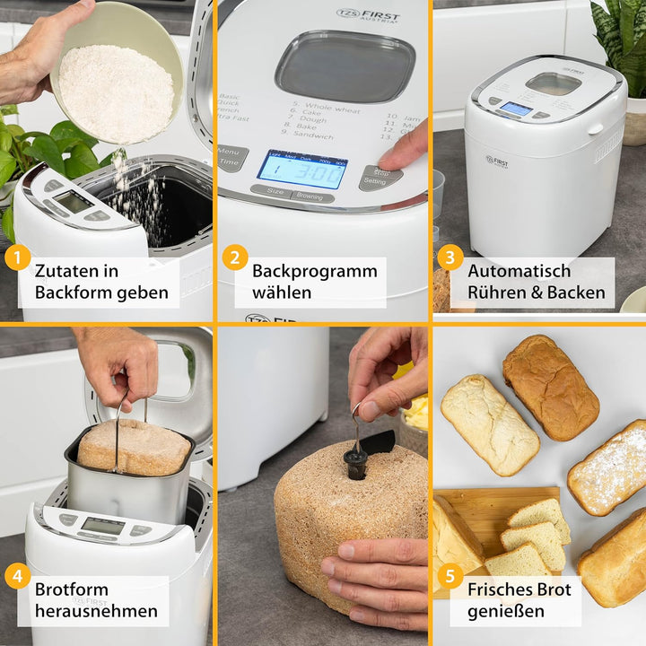 TZS First Austria multifunktionaler Brotbackautomat |13 Programme|individuelle Teigmenge |einstellba