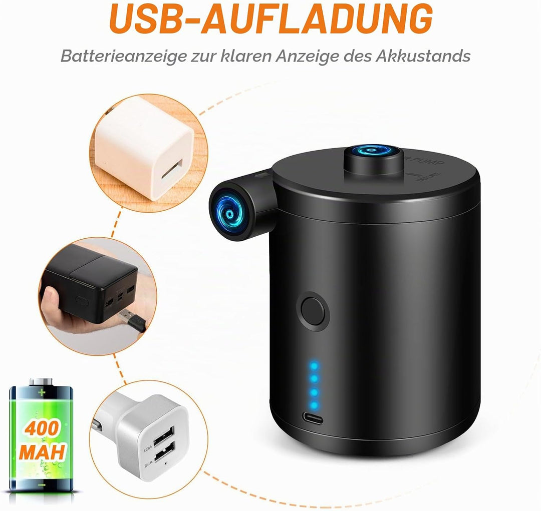 JOPHEK Elektrische Luftpumpe, 4000 mAh, mit USB, Luftmatratze, aufblasbar, 3 Luftdüsen, tragbar, ele