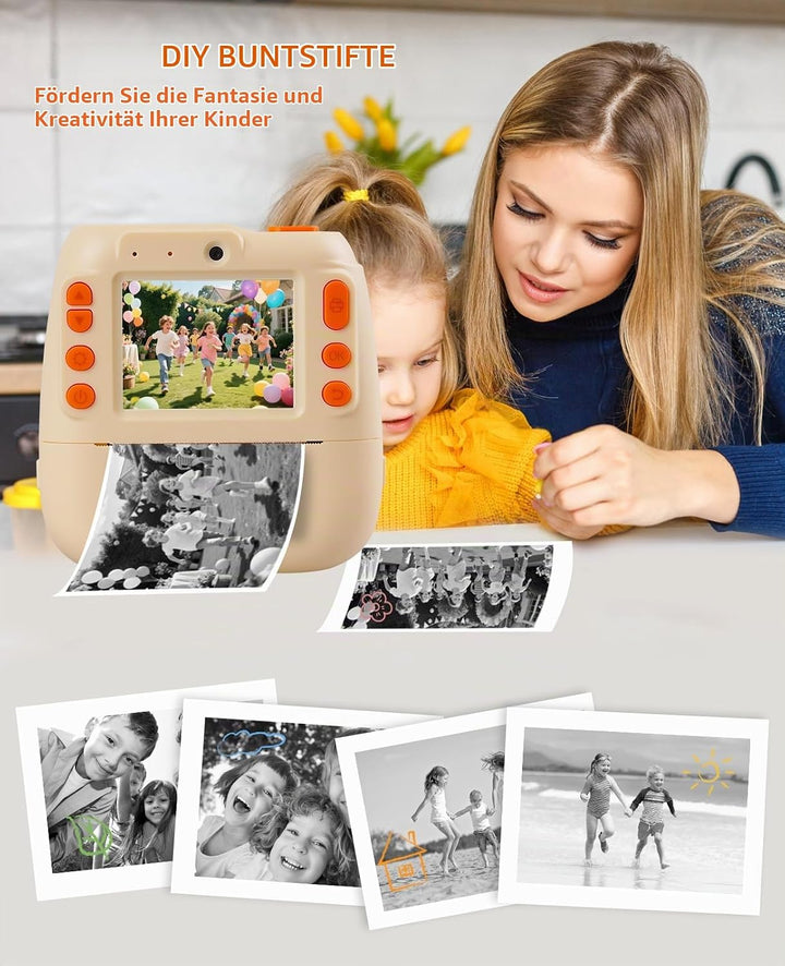 Sofortbildkamera für Kinder, 12 MP/1080P Digitalkamera für Kinder mit 32 G Karte und 3 Papierrollen,