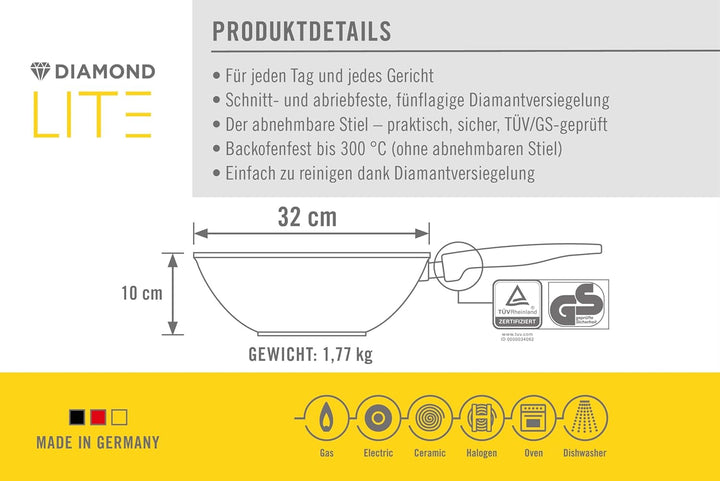 Woll Diamond Lite Wok- und Rührpfanne, Ø 32 cm, 10 cm hoch, mit abnehmbaren Stiel - Geeignet für Cer