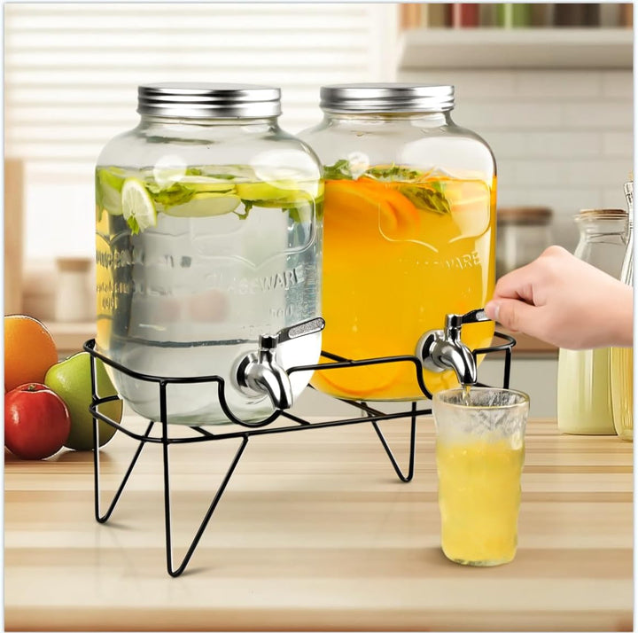 2 x 4L Glas Getränkespender, Getränkespender mit Rostfreiem Wasserhahn, Glas-Wasser-Saft-Spender mit