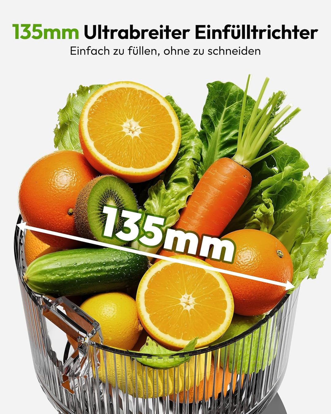 EUHOMY Entsafter, Slow Juicer für Ganze Gemüse und Obst, 135 mm grossem Einfüllschacht 1,8 L Füllvol