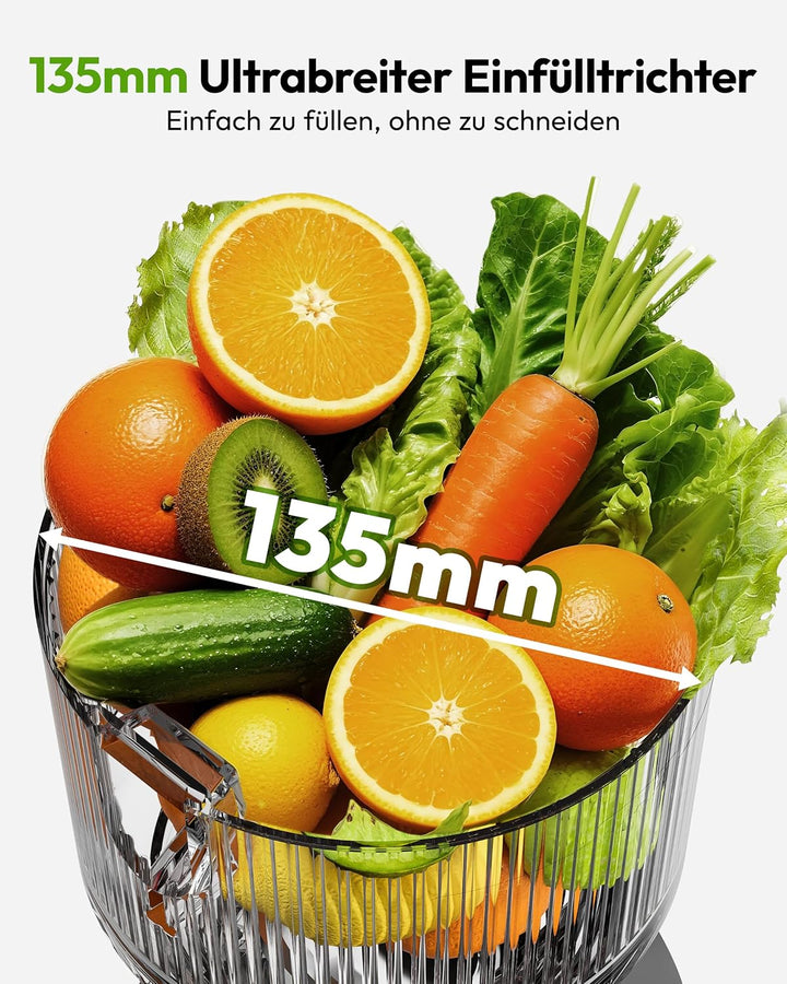 EUHOMY Entsafter, Slow Juicer für Ganze Gemüse und Obst, 135 mm grossem Einfüllschacht 1,8 L Füllvol