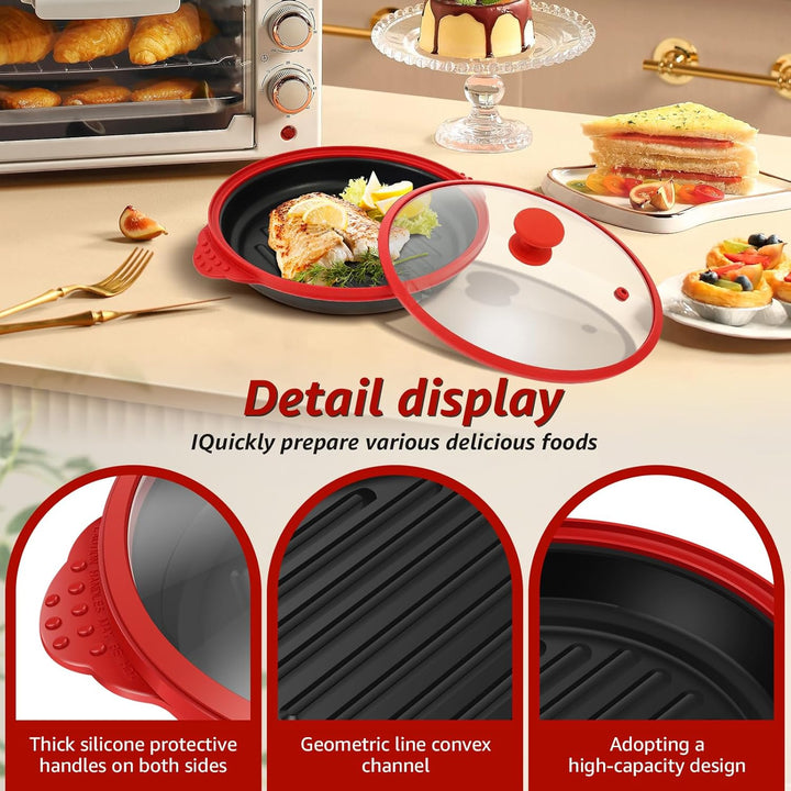 Mikrowellen Grillpfanne mit Deckel,Sicher Microwave Grill Pan mit Verbrühungsschutz und Antihaft,gle