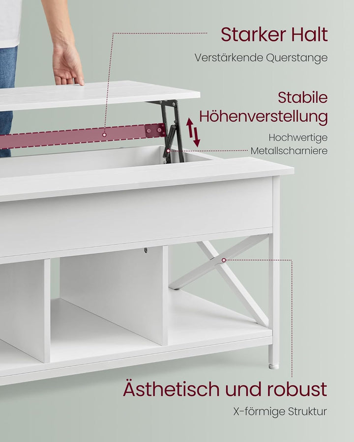 VASAGLE Couchtisch, höhenverstellbarer Wohnzimmertisch, Kaffeetisch, offener und versteckter Staurau