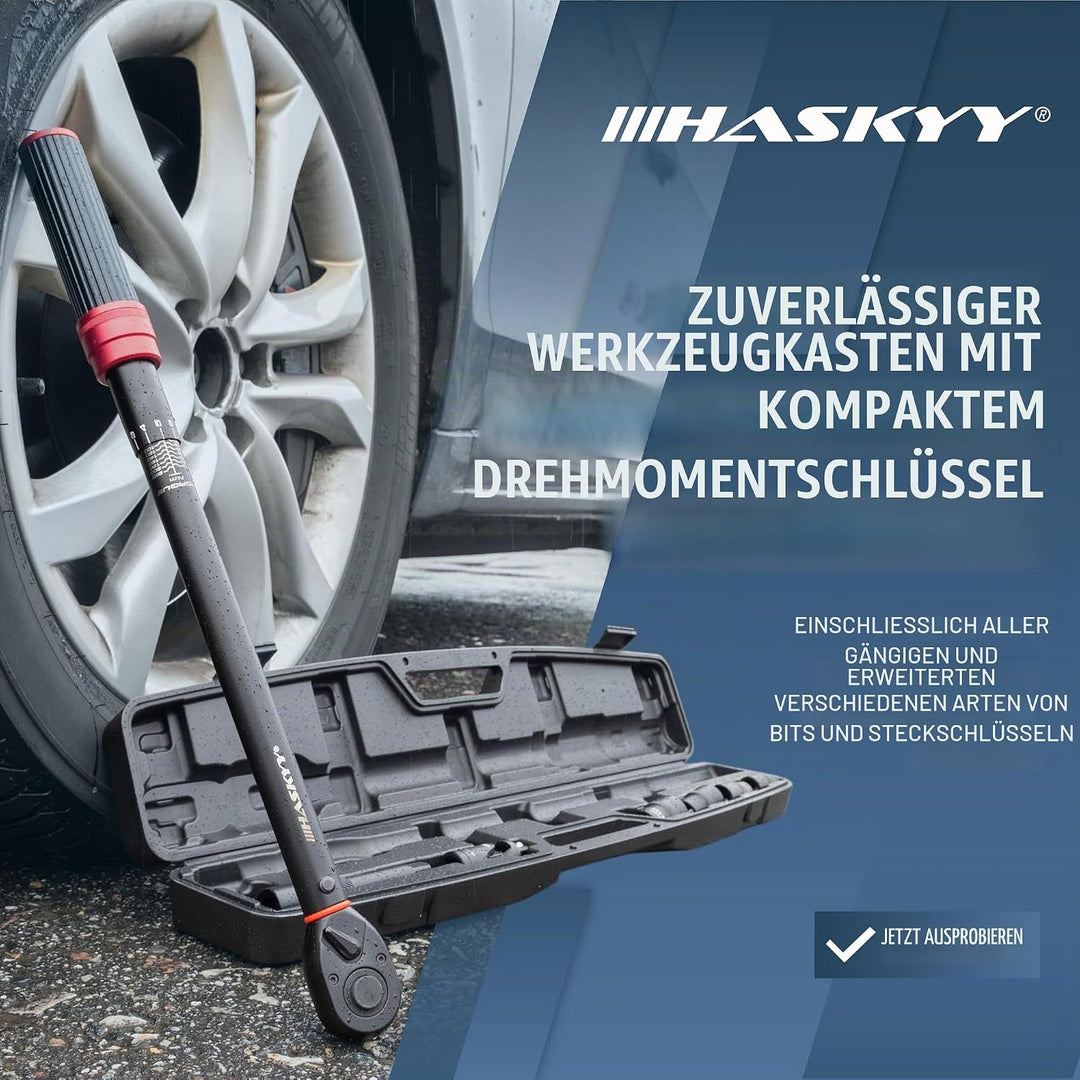 HASKYY Drehmomentschlüssel 1/2" 40-220Nm Nüsse 17 19 21 23mm Kardangelenk inkl. Verlängerungsadapter
