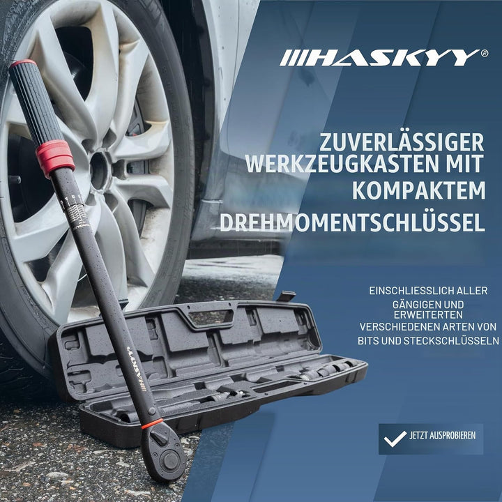 HASKYY Drehmomentschlüssel 1/2" 40-220Nm Nüsse 17 19 21 23mm Kardangelenk inkl. Verlängerungsadapter
