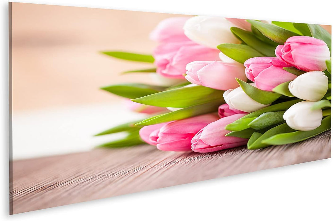 islandburner Bild auf Leinwand Strauss Tulpen Rosa Weiss Auf Tisch Bilder Wandbilder Poster Leinwand