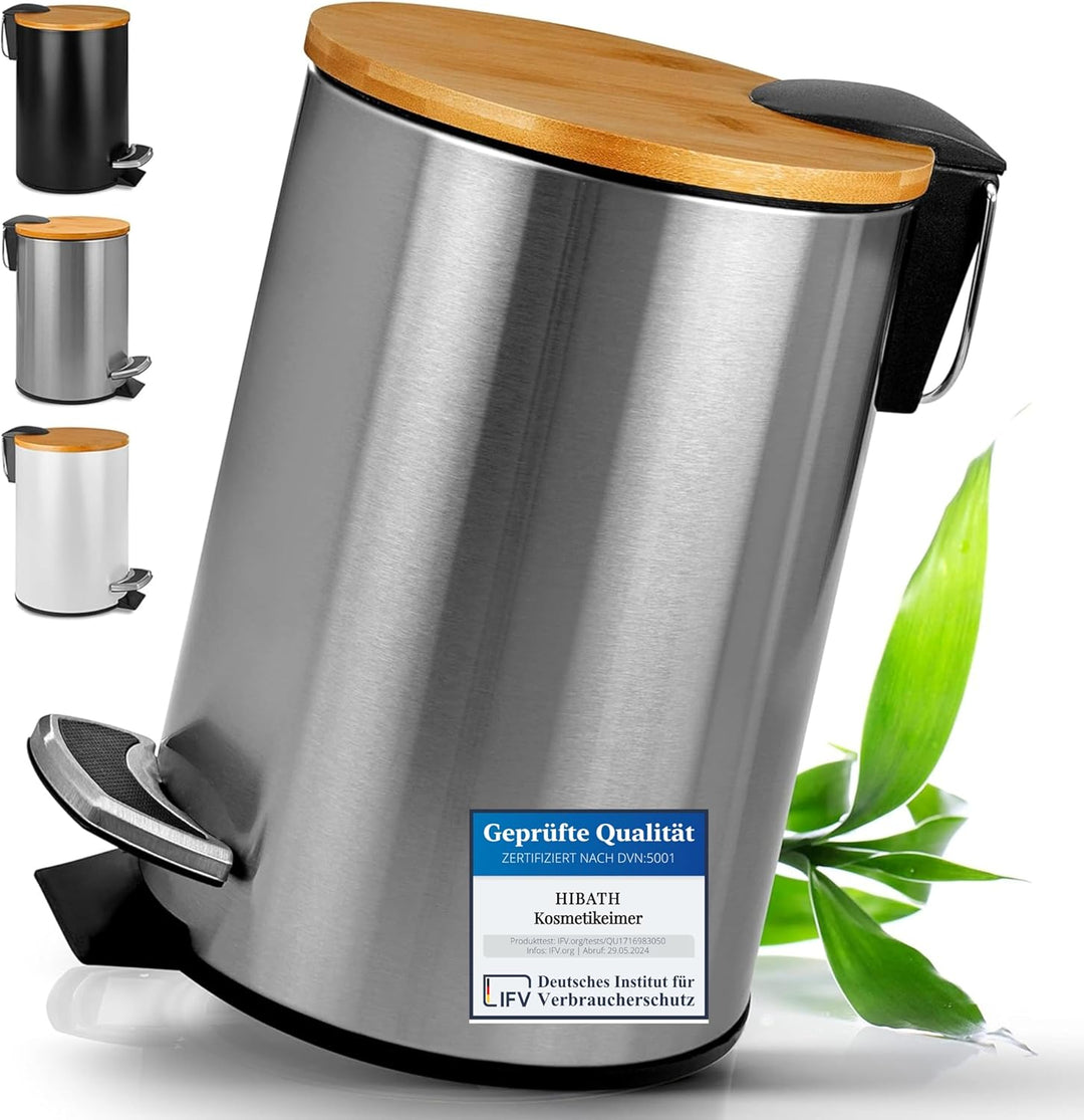 HIBATH® Kosmetikeimer aus Edelstahl mit Bambusdeckel (3 Liter, silber) - Badezimmer Abfalleimer mit