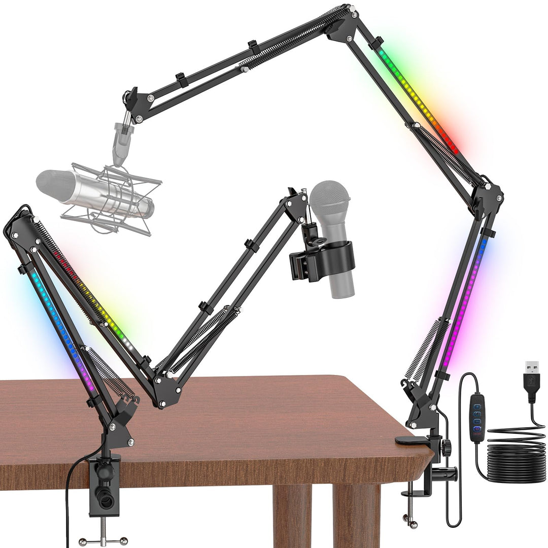 Jubor Mikrofon Boom Arm mit RGB Licht, Mikrofonarm Schreibtisch mit 3/8" bis 5/8" Schraube, Verstell