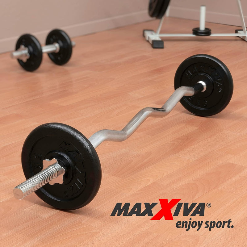 MAXXIVA Curl-Set 120 cm 26 kg 8 Gewichte Gusseisen Krafttraining Zugstange silber verchromt Workout