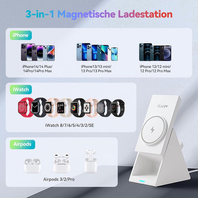 Mag-Safe Ladestation, AGPTEK 3 in 1 Wireless Charger, 15W Qi induktive Ladestation, Kabelloses Ladeg