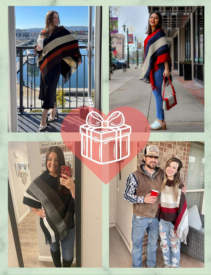 Ferand Gestreift Gestrickter Poncho Schal im Wickeldesign mit gefransten Seiten für Frauen Einheitsg