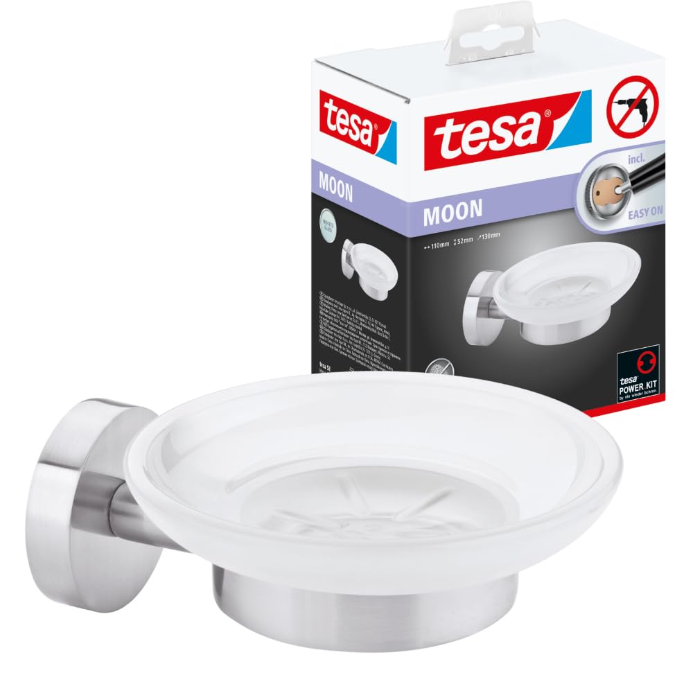 tesa Moon Seifenschale mit Wandhalterung, satiniertem Glas und verchromtem Edelstahl - zur Wandbefes