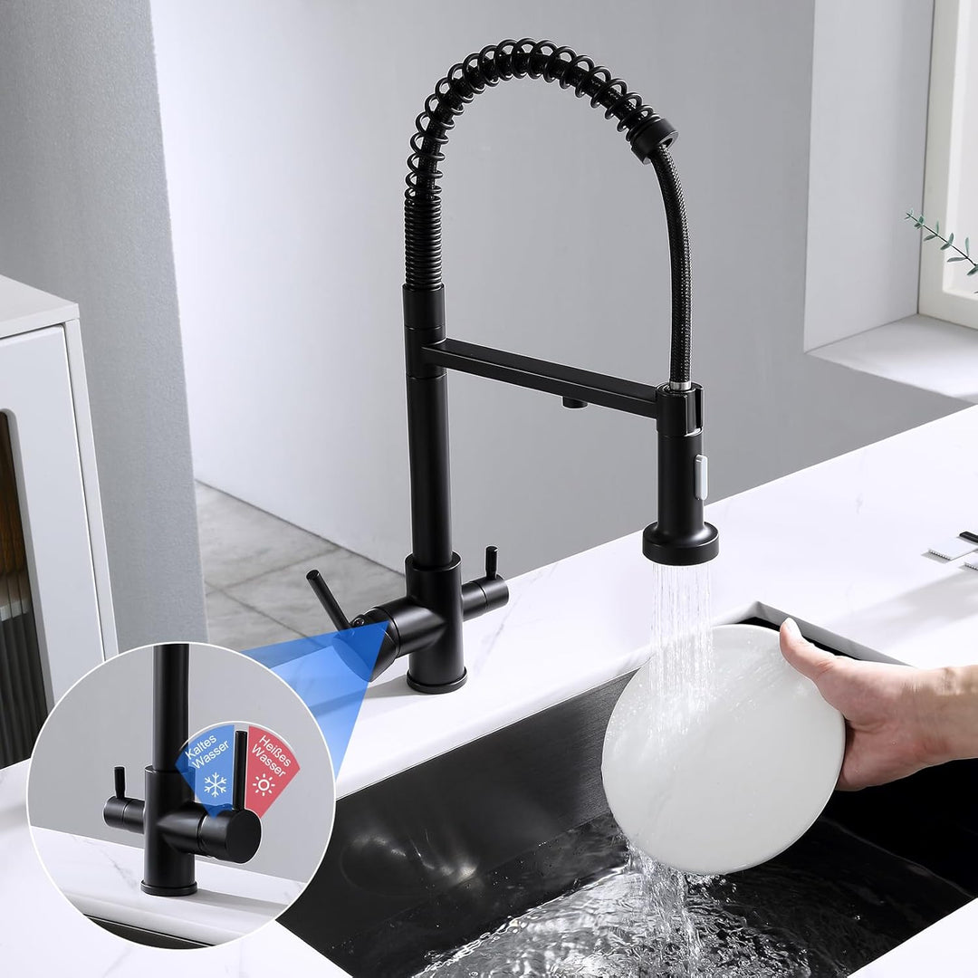 KEOKBON 3 Wege Wasserhahn Küche Schwarz mit 2 Funktion Brause, 360° Drehbar Küchenarmatur aus Messin