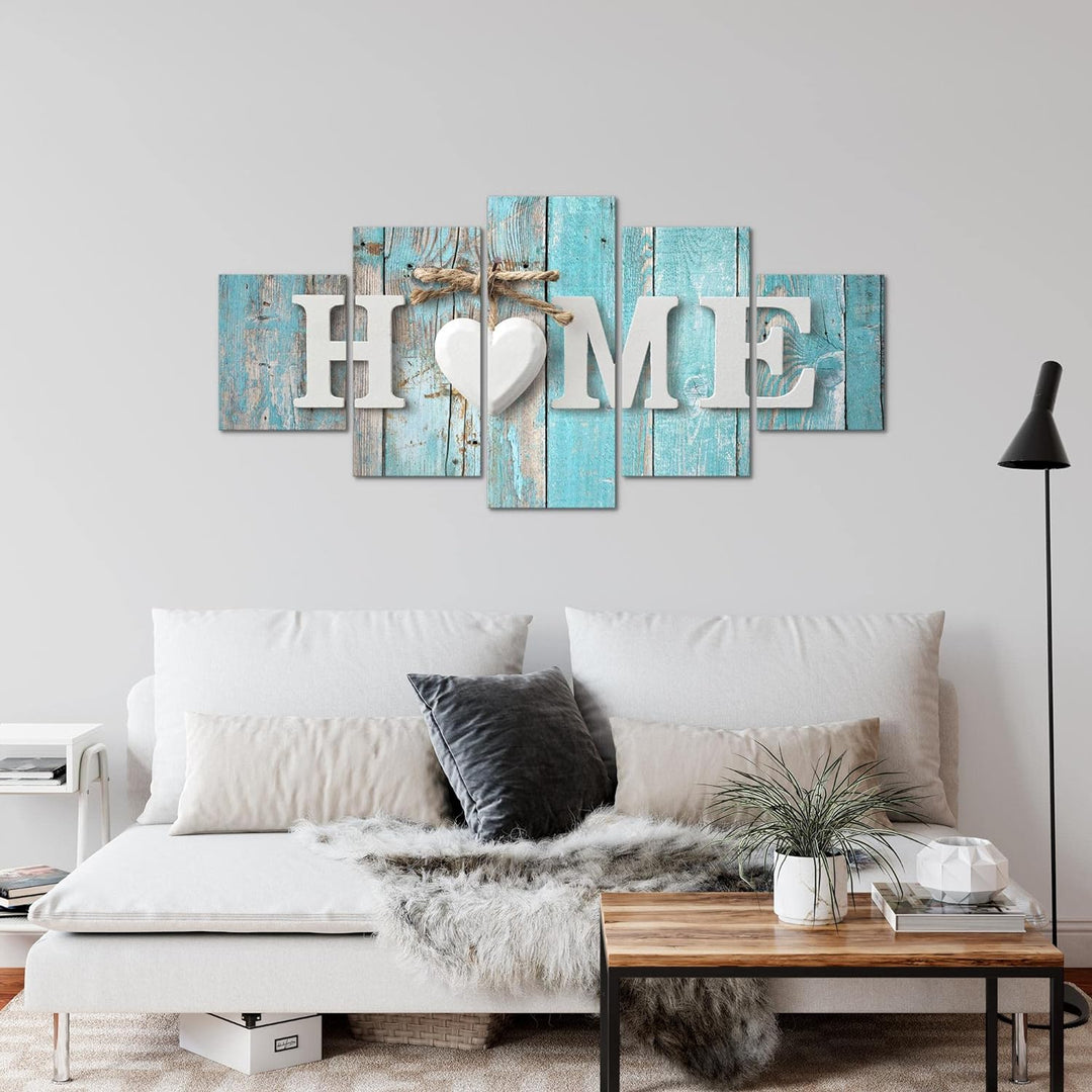 Runa Art Wandbilder Home 5 Teilig Bild auf Vlies Leinwand Deko Wohnzimmer Holzoptik Türkis Grau 0148