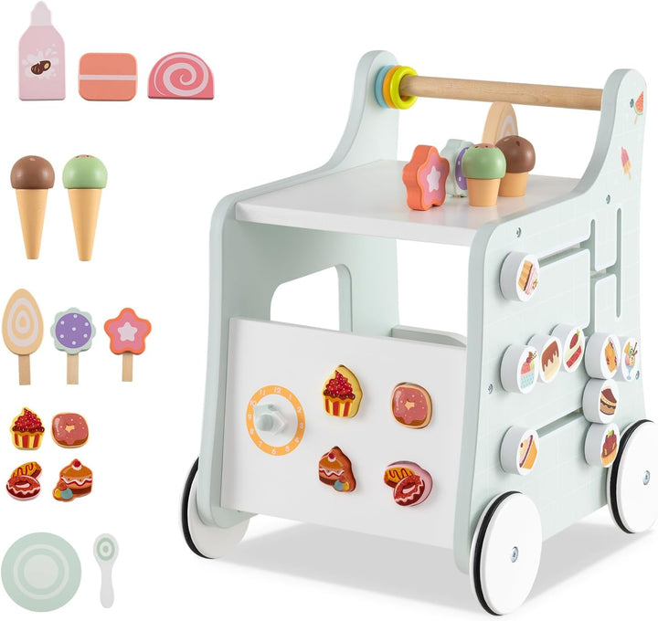 DREAMADE Lauflernwagen Holz, 6-in-1 hölzerne Lauflernhilfe, Baby Walker mit Blöcken & Zubehör, Lernl