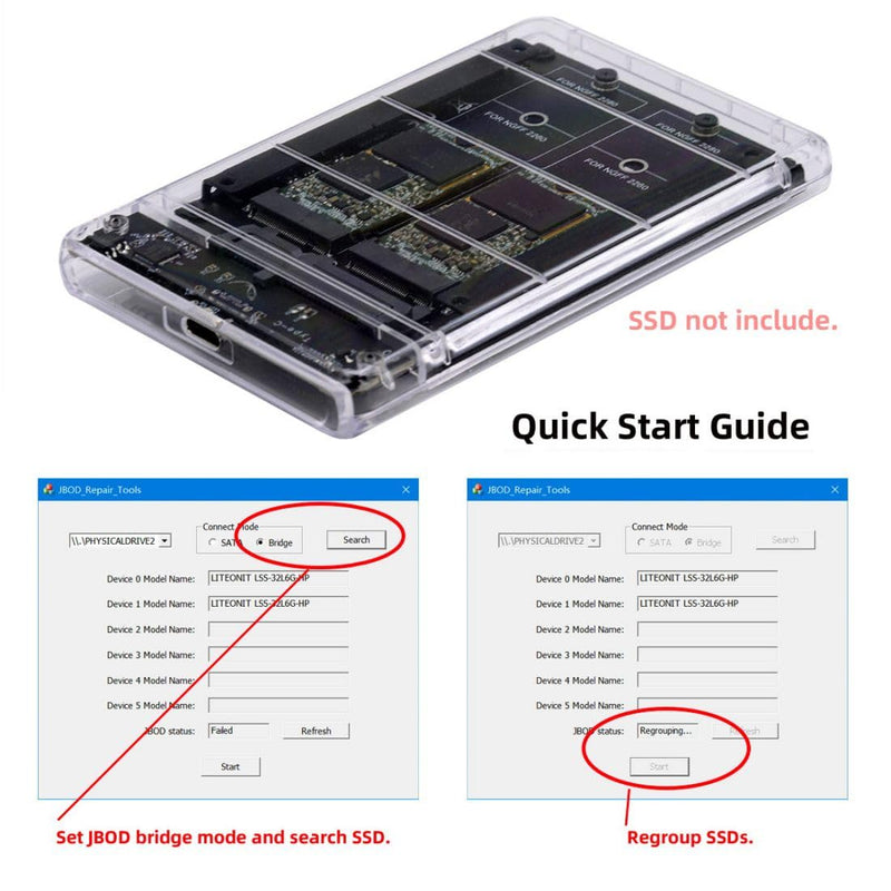 CY M.2 SATA SSD auf 2.5inch SATA Adapter,Dual NGFF B+M Key M.2 SSD auf USB C JOBD Raid0 Span Bridge