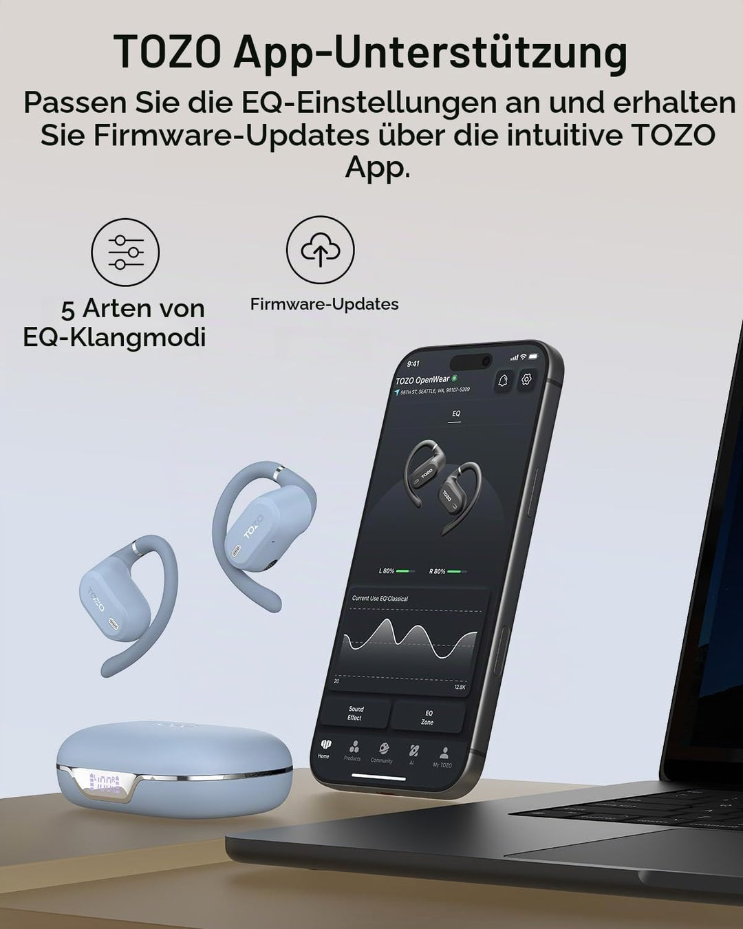 TOZO OpenWear Kabellose Bluetooth-Kopfhörer, ENC-Anrufe, 14,2mm Treiber, 38 Std Wiedergabe,LED-Anzei