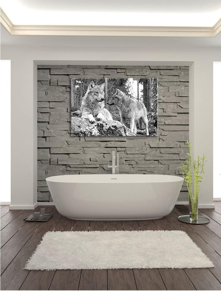 Wölfe im Wald Kunst B&W, Format: 100x70 auf Leinwand, XXL riesige Bilder fertig gerahmt mit Keilrahm
