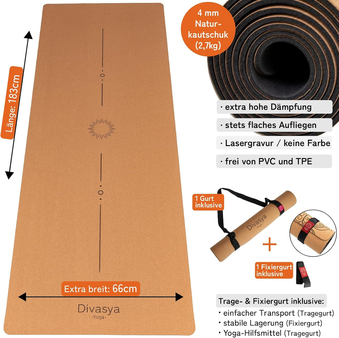 Premium Yogamatte Kork | Naturkautschuk &amp; Kork | inkl. Tragegurt | Yoga Matte Kork: natürlich rutsch