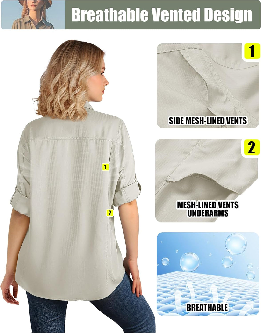 33,000ft Hemdbluse Damen UPF50 UV Schutz Hemd Schnelltrocknende Button-Down Shirts Atmungsaktive Wan