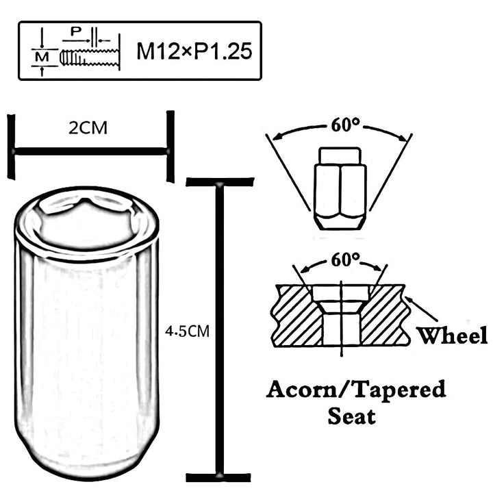 20 Stück Kegel 60° 45mm Schmal Sechskantschlüssel Stahl Lug Nuts M12 x 1,25 Radmuttern (Schwarz), Sc