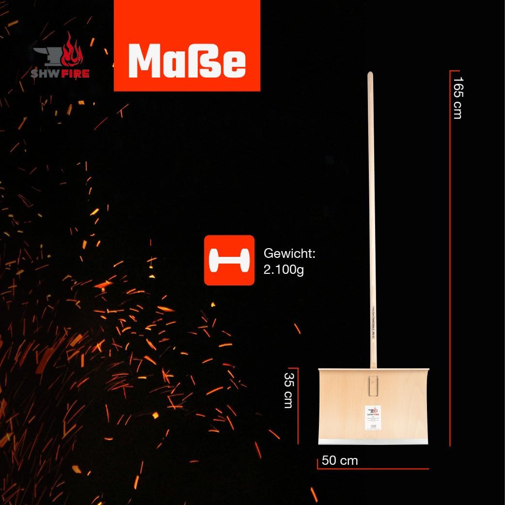 SHW-FIRE Schneeschieber 50cm Breite - Holz Schneeschaufel mit 150cm Ovalstiel und Schutzkante