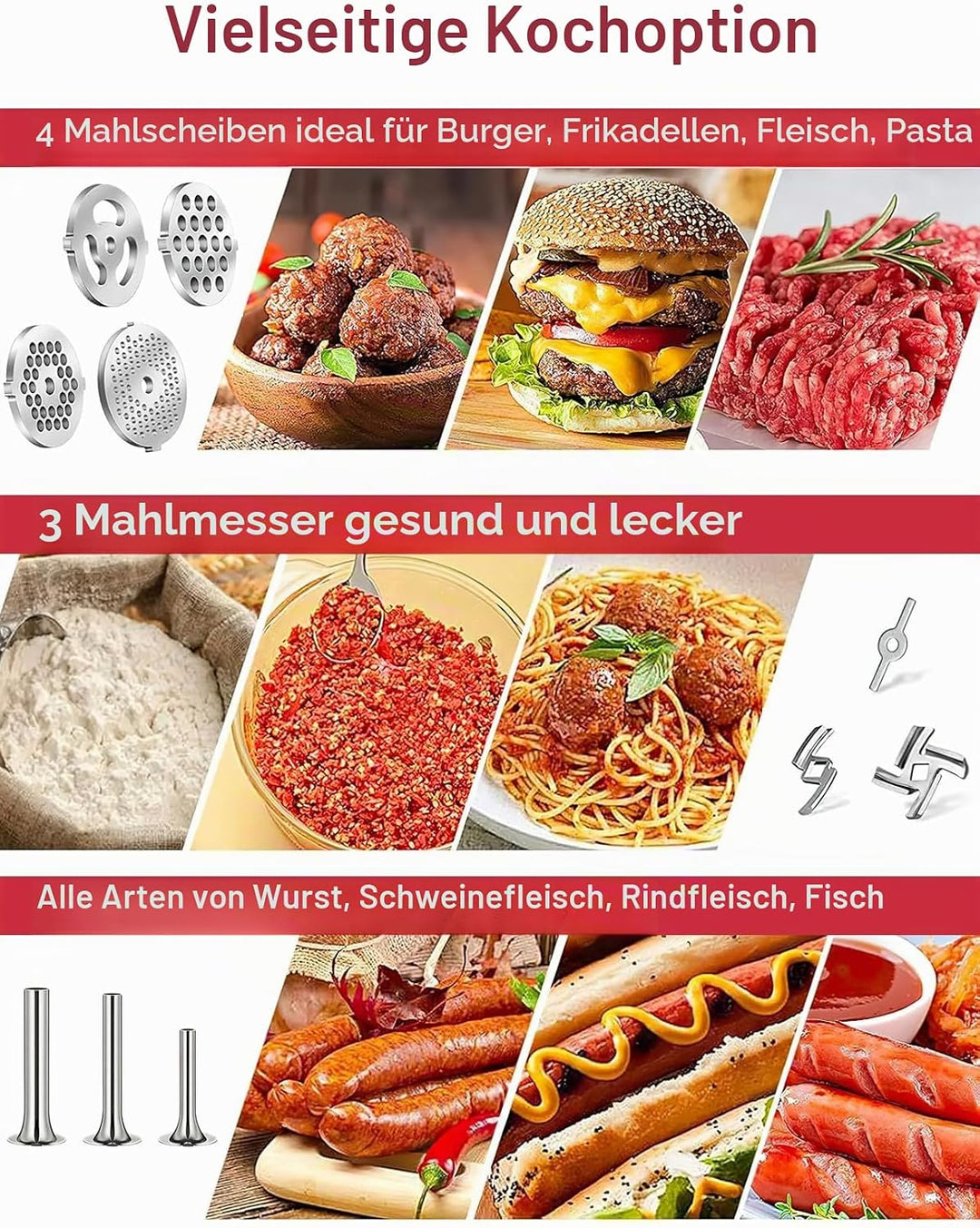 Fleischwolf Aufsatz für KitchenAid Standmixer, Edelstahl Fleischwolf Aufsatz Enthält 3 Wurstfüller,