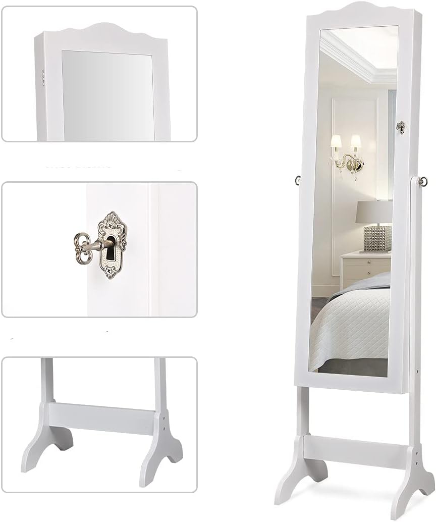 DREAMADE Schmuckschrank mit 14 LED Leuchten, abschliessbares Schmuckregal mit Ganzkörperspiegel, fre