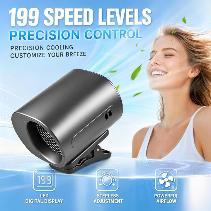 Auto Clip Ventilator, Wiederaufladbarer Mini-Ventilator mit LED-Display (B) | 199 Geschwindigkeiten,