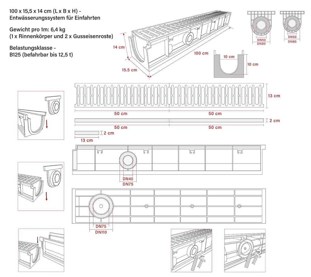 3m Entwässerungsrinne mit B125 Gussrost GJS - 1000 x 155 x 140 mm - Bodenrinne Ablaufrinne für Garag