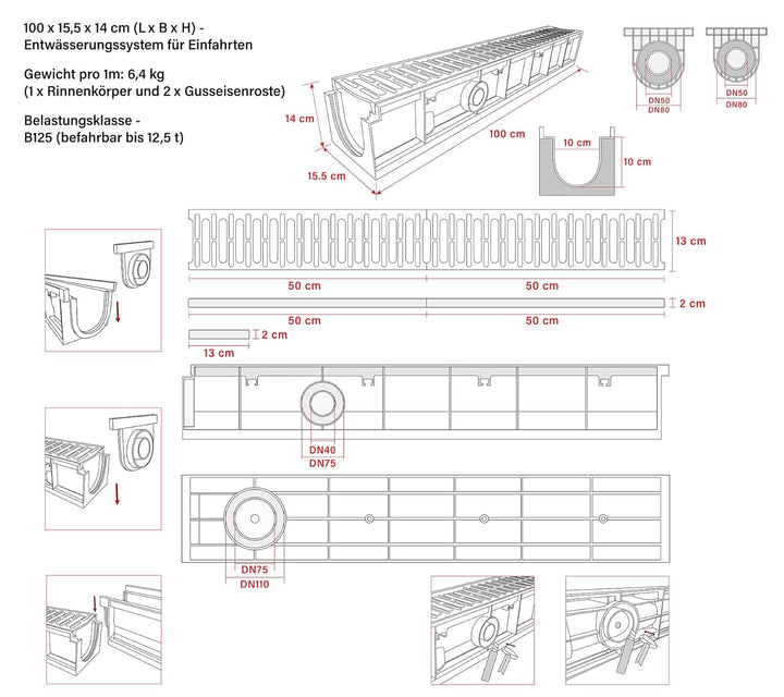 3m Entwässerungsrinne mit B125 Gussrost GJS - 1000 x 155 x 140 mm - Bodenrinne Ablaufrinne für Garag