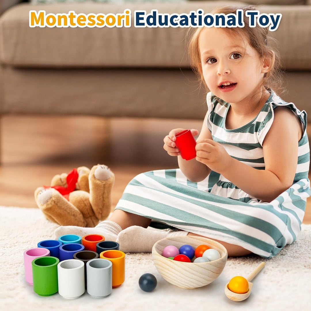Montessori Spielzeug ab 3 Jahr, Holz Sortier Stapelspielzeug, 12 Kugeln 30 mm Regenbogen Holzkugeln