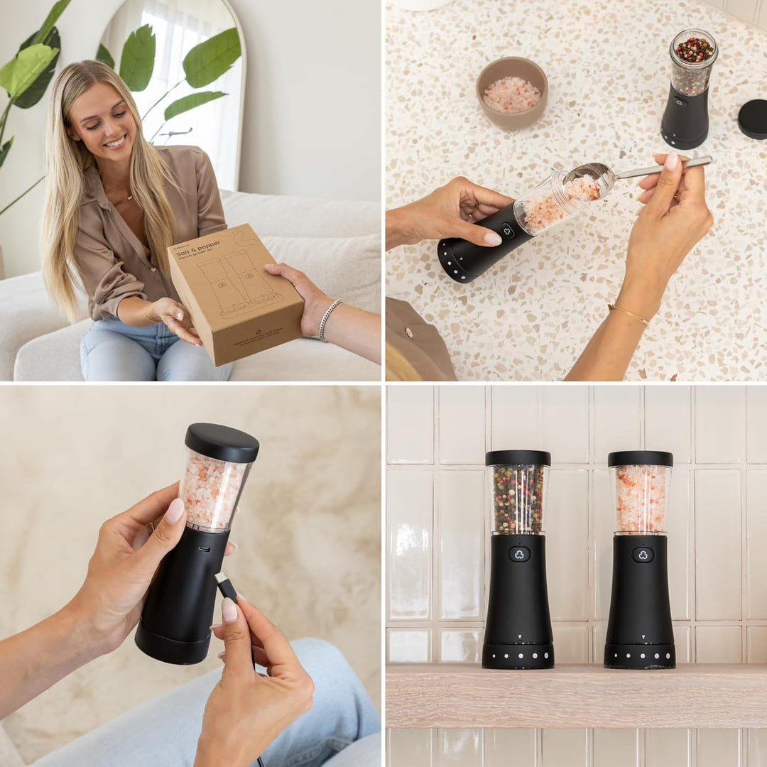 Salz und Pfeffermühle Elektrisch - Gustaro - 130ml - Einstellbarer Mahlgrad - USB-C Aufladbar - LED-