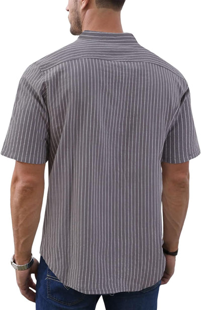 Herren-Leinenhemden, lässige Baumwolle, Henley-Ausschnitt, gestreiftes Hemd, Sommer-Kurzarmhemden M