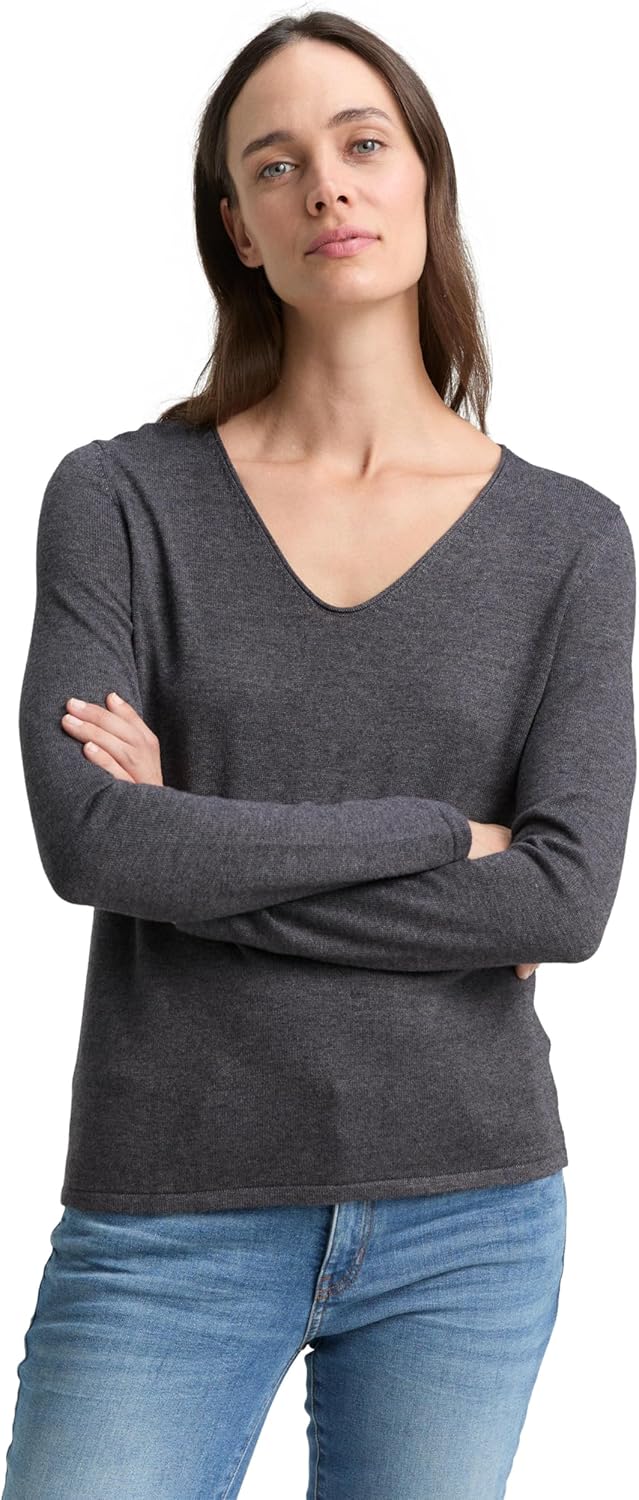 TOM TAILOR Damen Basic Strickpullover mit V-Ausschnitt XS 30281 - Evident Anthracite Melange, XS 302