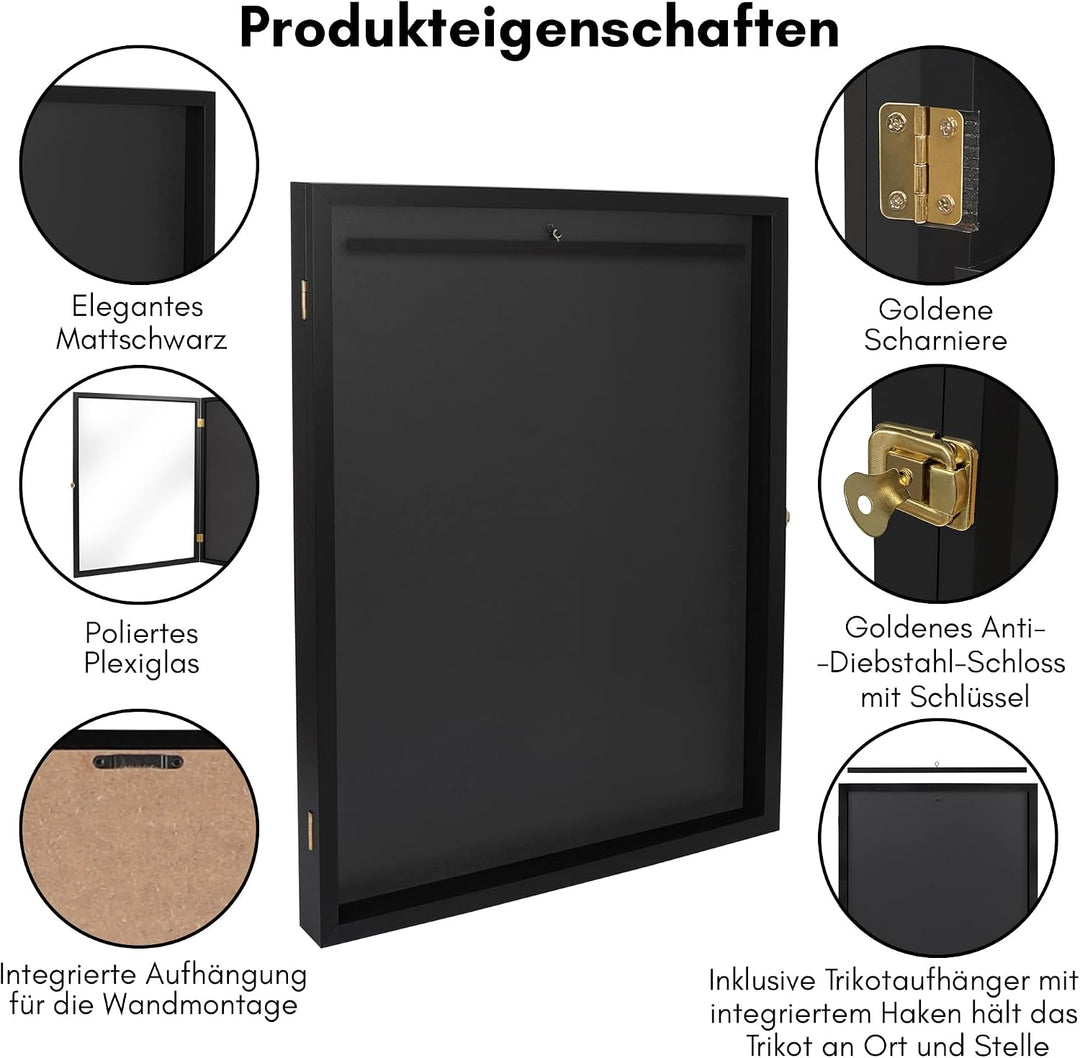 Americanflat Bilderrahmen für Trikot 70x90 cm - abschliessbarer Objektrahmen aus MDF-Holz mit Plexi-