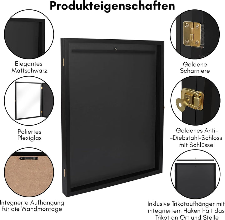 Americanflat Bilderrahmen für Trikot 70x90 cm - abschliessbarer Objektrahmen aus MDF-Holz mit Plexi-