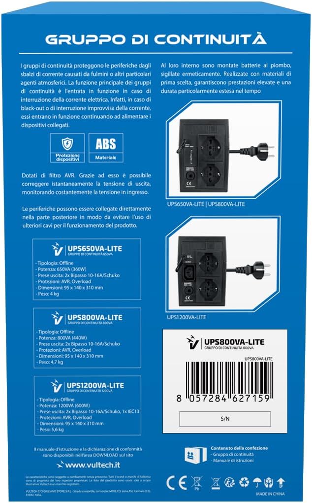 VulTech UPS800VA-LITE Unterbrechungsfreie Stromversorgung Offline, Schwarz Lite UPS Serie 800 VA | 4