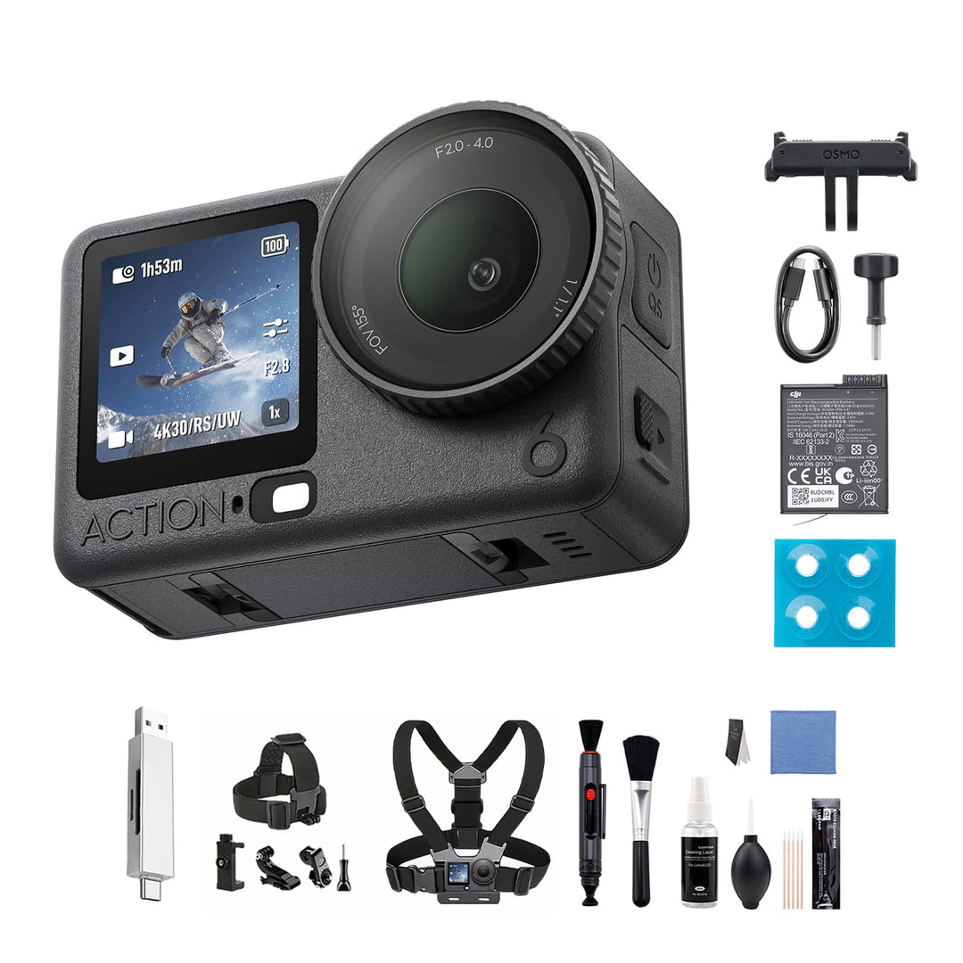 DJI Osmo Action 6 Essential Combo, Action-Cam 4K mit 1/1,1″-Quadratsensor, Variable Blende von f/2,0