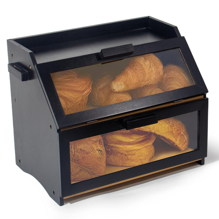 Bambus Brotkasten mit Belüftung, Grosser Brotbox, 2 Etagen und Sichtfenster, Holz Brotbehälter für H